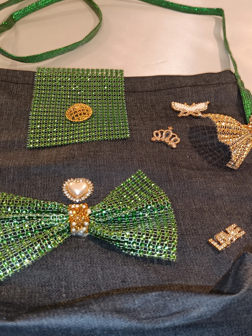 Denim Handbag Multipurpose Green Crystal Bow Accent Crossbody Bag - Unbranded